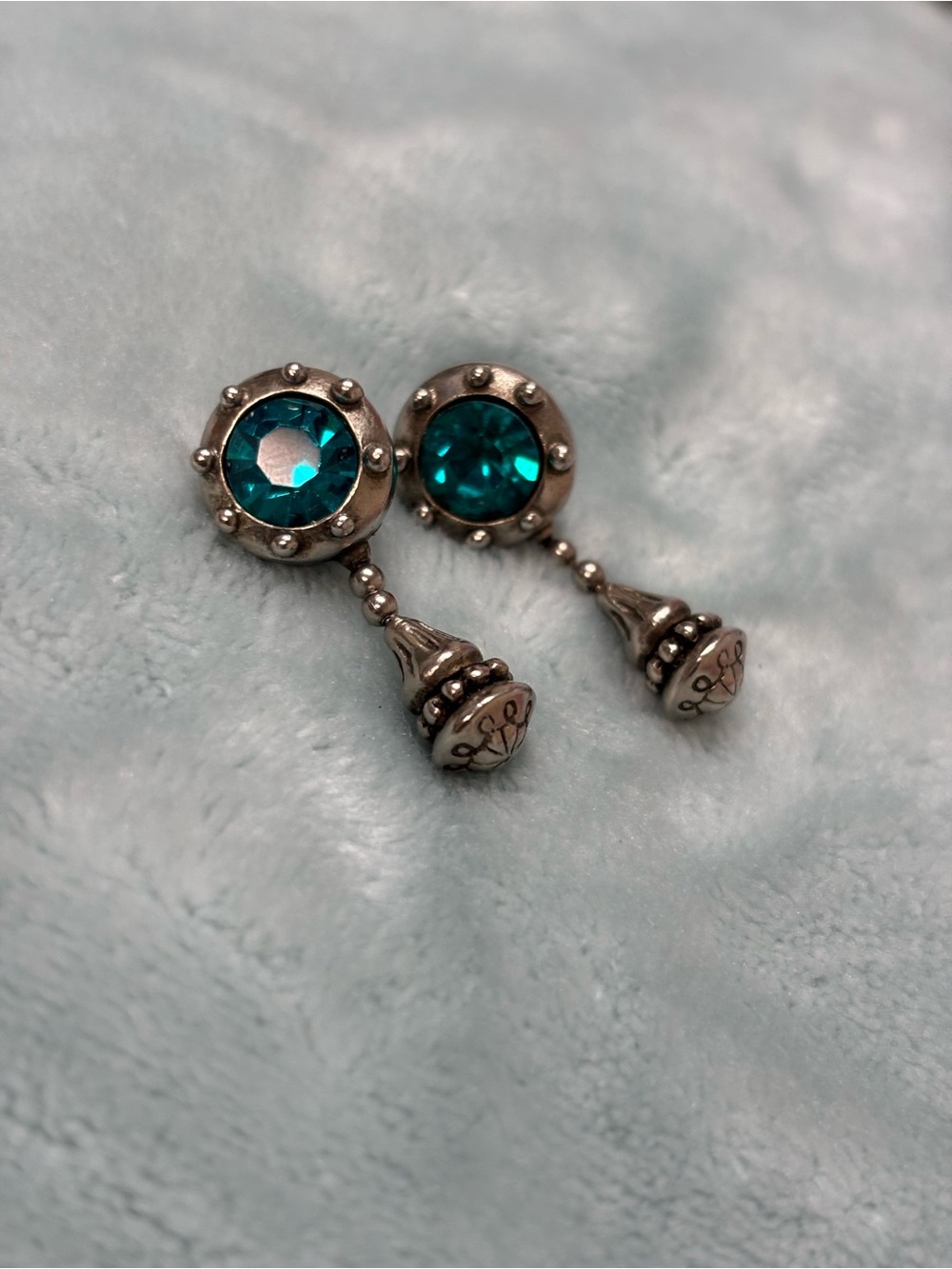 Vintage-Style Silver Tone Dangle Earrings Featuring Blue Rhinestones and Detail